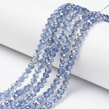 Electroplate Transparent Glass Beads Strands, Half Gray Plated, Faceted, Rondelle, Cornflower Blue, 4x3mm, Hole: 0.4mm, about 123~127pcs/strand, 16.5~16.9 inch(42~43cm)