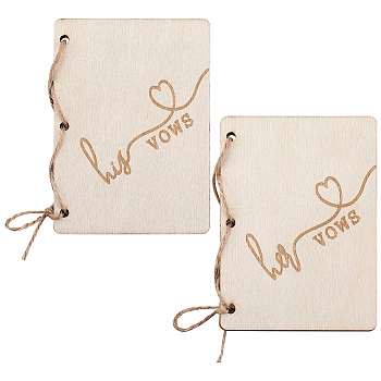 Creative Wooden Greeting Cards, Wedding Vows Book, with Jute Rope and Kraft Paper, Rectangle with Word, Antique White, 105x75x2mm