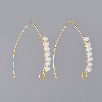 304 Stainless Steel Earring Hooks, with Faceted Rondelle Glass Beads and Horizontal Loop, Golden, White, 40x28x3mm, Hole: 3x2mm, 20 Gauge, Pin: 0.8mm