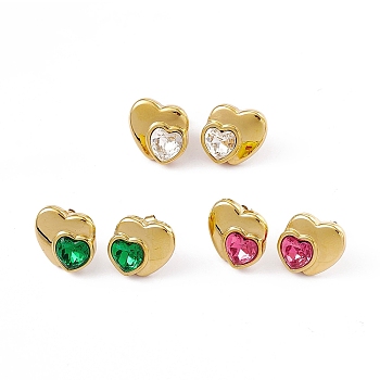 Rhinestone Double Heart Stud Earrings, Golden 304 Stainless Steel Jewelry for Women, Mixed Color, 15x16mm, Pin: 0.7mm