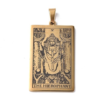 201 Stainless Steel Pendant, Golden, Rectangle with Tarot Pattern, The Hierophant or the Pope V, 40x24x1.5mm, Hole: 4x7mm