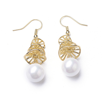 Synthetic Shell Pearl Dangle Earrings, with Brass Findings, Round, White, 49mm, Pin: 0.5mm