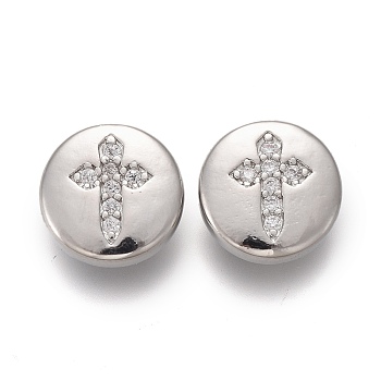 Brass Micro Pave Clear Cubic Zirconia Shank Buttons, Flat Round with Cross, Platinum, 10.5x4.5mm, Hole: 1.2mm