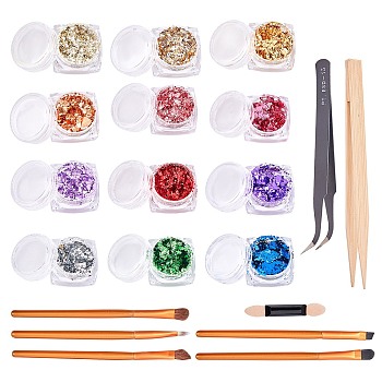 Flake Foil Nail Art Glitter Powder, with Stainless Steel Tweezers, Bamboo Pointed Tip Tweezer and Artificial Fiber Horse Hair Eye Brush Set, Mixed Color, Powder: 12boxs/bag