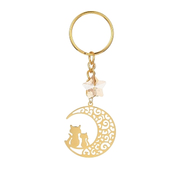 Stainless Steel Hollow Moon Cat Keychains, with Iron Keychain Ring and Star Glass Pendant, Golden, 8.7cm