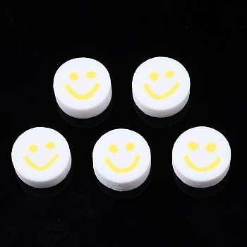 Handmade Polymer Clay Beads, for DIY Jewelry Crafts Supplies, Flat Round with Smiling Face, Yellow, 10x4~4.5mm, Hole: 1.8mm