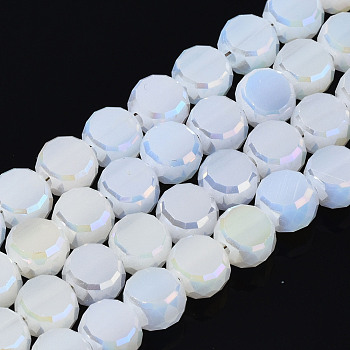 Electroplate Glass Beads Strands, AB Color Plated, Faceted, Flat Round, White, 5.5x6x3.5mm, Hole: 1.2mm, about 98~100pcs/strand, 19.84~21.65 inch(50.4cm~55cm)