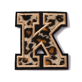 Polyester Computerized Embroidery Cloth Iron On Sequins Patches, Leopard Print Pattern Stick On Patch, Costume Accessories, Appliques, Letter.K, 61x53x1.5mm