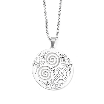 201 Stainless Steel Pendant Necklaces for Man, Flat Round with Spiral, Stainless Steel Color, 23.35 inch(59.3cm), Flat Round: 38x34.5x1.3mm