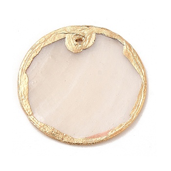 Natural Capiz Shell Pendants, Golden Plated Brass Edge Flat Round Charms, 30.5x1.8mm, Hole: 1.2mm
