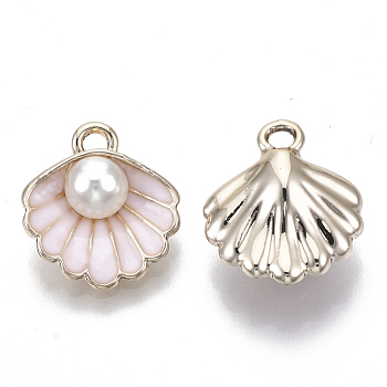 Alloy Pendants, with ABS Plastic Imitation Pearl & Enamel, Shell with Pearl, Light Gold, Misty Rose, 16x15x7mm, Hole: 1.5mm
