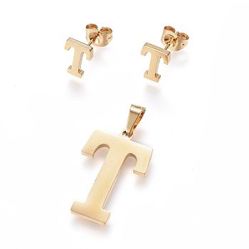 304 Stainless Steel Pendants and Stud Earrings Jewelry Sets, Alphabet, Letter.T, 20~23x13~19x1.5mm, Hole: 6x3mm, 6~10x6~9x1mm, Pin: 0.8mm