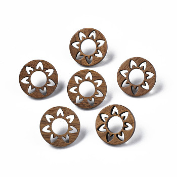 Donut with Flower Walnut Wood Stud Earrings with 316 Stainless Steel Pin for Women, Tan, 18mm, Pin: 0.7mm