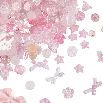 Pandahall 100G Opaque & Transparent Acrylic Beads, Mixed Shapes, Pink, 7.5~33x7.5~43.5x4.5~16mm, Hole: 1.2~4mm