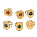 Natural Mixed Stone Finger Rings, Oval with Sun Golden Tone 304 Stainless Steel Cuff Rings for Women, 22.5mm, US Size 6(16.5mm)(RJEW-Q822-35G)
