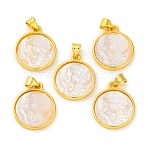 Natural White Shell Carved Cameo Lady Pendants, Rack Plating Brass Flat Round Charms, Golden, 20.5x17x4mm, Hole: 3.5x5mm(KK-D537-01G-02)