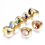 Adjustable Brass Enamel Finger Rings, Nickel Free, Gossip/Yin Yang, Golden, Mixed Color, US Size 7 1/4(17.5mm)(RJEW-T018-07G-NF)