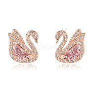 Brass Stud Earrings, with Glass Rhinestone, Faceted, Swan, Rose Gold, Crystal, 13x12mm, Pin: 0.7mm(EJEW-BB64088-B)