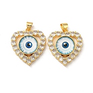 Real 18K Gold Plated Brass Pendants, with Glass and Acrylic, Heart with Evil Eye Charms, Light Blue, 26x22.5x7mm, Hole: 4.5x3.5mm(KK-L209-005G-03)