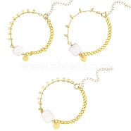 3Pcs 3 Styles Flat Round 304 Stainless Steel Charm Bracelets, with Square Natural Keshi Pearl Beads, Brass Chains & Spring Ring Clasps, Golden, 6-1/4 inch(16cm), 1pc/style(BJEW-SZ0001-30)