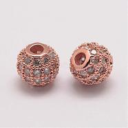 Brass Micro Pave Cubic Zirconia Beads, Round, Rose Gold, 6x5.5mm, Hole: 2mm(ZIRC-E110-03RG)