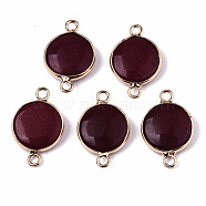 Natural Agate Links Connectors, with Light Gold Plated Brass Findings, Flat Round, Dyed & Heated, Dark Red, 23~25.5x15~17.5x4~7mm, Hole: 2mm(G-N326-85E)