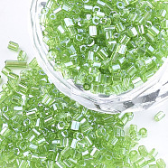 Grade A Glass Seed Beads, Hexagon(Two Cut), Transparent Colours Lustered, Lime Green, 1.5~2.5x1.5~2mm, Hole: 0.8mm, about 2100pcs/bag, 450g/bag(SEED-S022-03M)