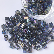 6/0 Glass Seed Beads, Transparent Colours Rainbow, Square Hole, Cube, Steel Blue, 6/0, 3~5x3~4x3~4mm, Hole: 1.2~1.4mm, about 4500pcs/bag(SEED-S027-06B-10)