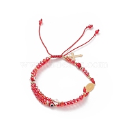 Lampwork Evil Eye & Glass Braided Bead Bracelet, 304 Stainless Steel Virgin Mary Link Double Layer Bracelet for Women, Crimson, Inner Diameter: 2-1/4~3-1/4 inch(5.8~8.3cm)(BJEW-TA00183-02)