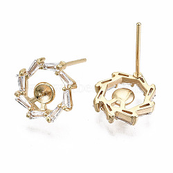 Brass Micro Pave Clear Cubic Zirconia Stud Earring Findings, for Half Drilled Bead, Nickel Free, Real 18K Gold Plated, 11x11mm, Pin: 0.7mm, Pin: 0.6mm(for Half Drilled Bead)(KK-T056-121G-NF)