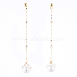 Shell Pearl Dangle Stud Earrings, with 304 Stainless Steel Stud Earring Findings, Brass Cable Chains and Ear Nuts, Dog Paw Prints, White, 78mm, Pin: 0.8mm(EJEW-JE04137-01)