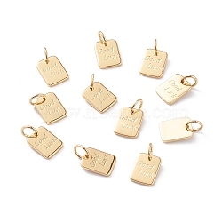Brass Charms, with Jump Rings, Long-Lasting Plated, Rectangle with Word Good Luck, Real 18K Gold Plated, 9x7x1mm, Jump Ring: 5x1mm, Inner Diameter: 3mm(X-KK-A149-09G)