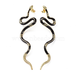 Real 18K Gold Plated Vivid Snake Enamel Stud Earrings, Brass Cubic Zirconia Long Earrings for Girl Women, Black, 78~79x22mm, Pin: 0.8mm(EJEW-B007-01G)