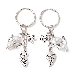 2Pcs 2 Styles Heart Alloy Keychains, with Glass Pearl Beads and Iron Split Key Rings, Angel, White, 7.5cm, 1pc/style(KEYC-JKC00715)