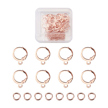 Brass Leverback Earring Findings, with Brass Open Jump Rings, Long-Lasting Plated, Rose Gold, 200pcs/Box