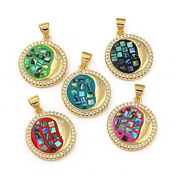 Brass Micro Pave Cubic Zirconia Pendants, with Enamel & Shell, Real 18K Gold Plated, Color Palette, Mixed Color, 20.5x18x3mm, Hole: 4.5x3.5mm