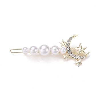 Alloy Crystal Rhinestone Hair Barrettes, with Plastic Beads, Moon with Star, Light Gold, 67x27x12mm