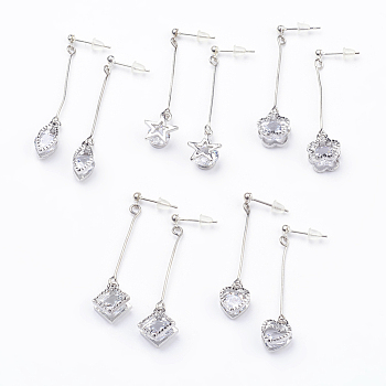 Alloy Cubic Zirconia Dangle Stud Earrings, with Brass Beads, Stainless Steel Pin and Plastic Ear Nuts, Stainless Steel Color, 44~48mm, Pin: 0.6mm