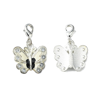Silver Plated Alloy Enamel Rhinestone Pendants, with Brass Finding, Butterfly, White, 33mm