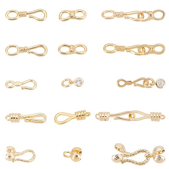 PandaHall Elite 10 Sets 5 Style Brass Hook and S-Hook Clasps, Real 18K Gold Plated, 2sets/style