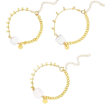 3Pcs 3 Styles Flat Round 304 Stainless Steel Charm Bracelets, with Square Natural Keshi Pearl Beads, Brass Chains & Spring Ring Clasps, Golden, 6-1/4 inch(16cm), 1pc/style