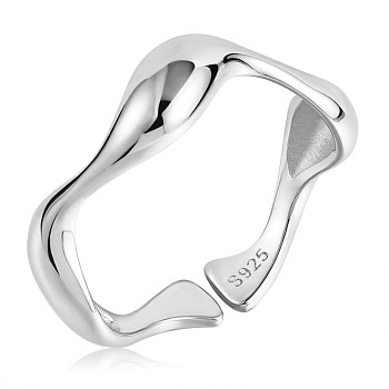 Rhodium Plated 925 Sterling Silver Wave Open Cuff Ring for Women, Platinum, US Size 5 1/4(15.9mm)