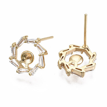 Brass Micro Pave Clear Cubic Zirconia Stud Earring Findings, for Half Drilled Bead, Nickel Free, Real 18K Gold Plated, 11x11mm, Pin: 0.7mm, Pin: 0.6mm(for Half Drilled Bead)