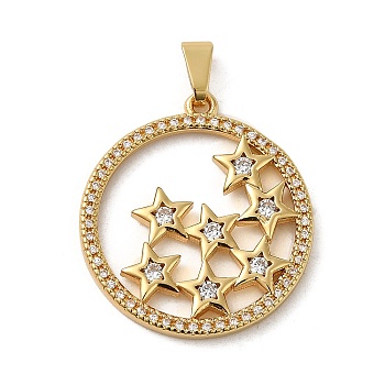Rack Plating Brass Micro Pave Cubic Zirconia Pendants, Cadmium Free & Lead Free, Long-Lasting Plated, Flat Round, Real 18K Gold Plated, 27.5x25x2.5mm, Hole: 6x2.5mm
