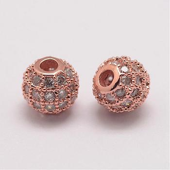 Brass Micro Pave Cubic Zirconia Beads, Round, Rose Gold, 6x5.5mm, Hole: 2mm