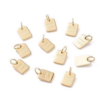 Brass Charms, with Jump Rings, Long-Lasting Plated, Rectangle with Word Good Luck, Real 18K Gold Plated, 9x7x1mm, Jump Ring: 5x1mm, Inner Diameter: 3mm