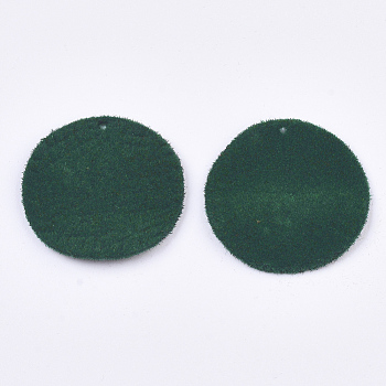 Flocky Alloy Pendants, Flat Round, Dark Green, 30x2.5mm, Hole: 1.8mm