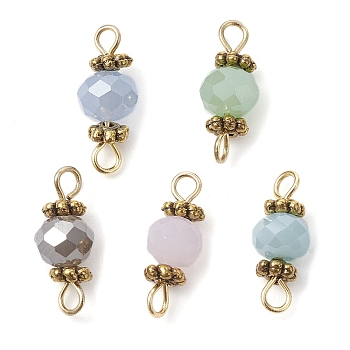 Faceted Glass Connector Charms, Rondelle Links with Alloy Daisy Spacer Beads, Mixed Shapes, Antique Golden, 15x6mm, Hole: 1.8mm