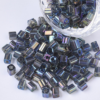 6/0 Glass Seed Beads, Transparent Colours Rainbow, Square Hole, Cube, Steel Blue, 6/0, 3~5x3~4x3~4mm, Hole: 1.2~1.4mm, about 4500pcs/bag