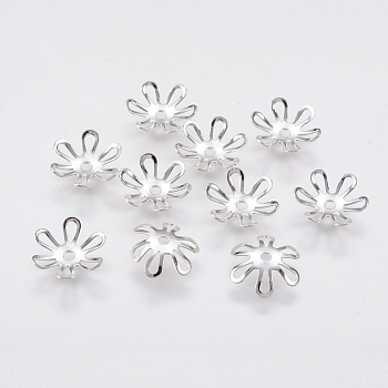 6-Petal Brass Bead Caps, Long-Lasting Plated, Flower, Real Platinum Plated, 10x2mm, Hole: 1mm